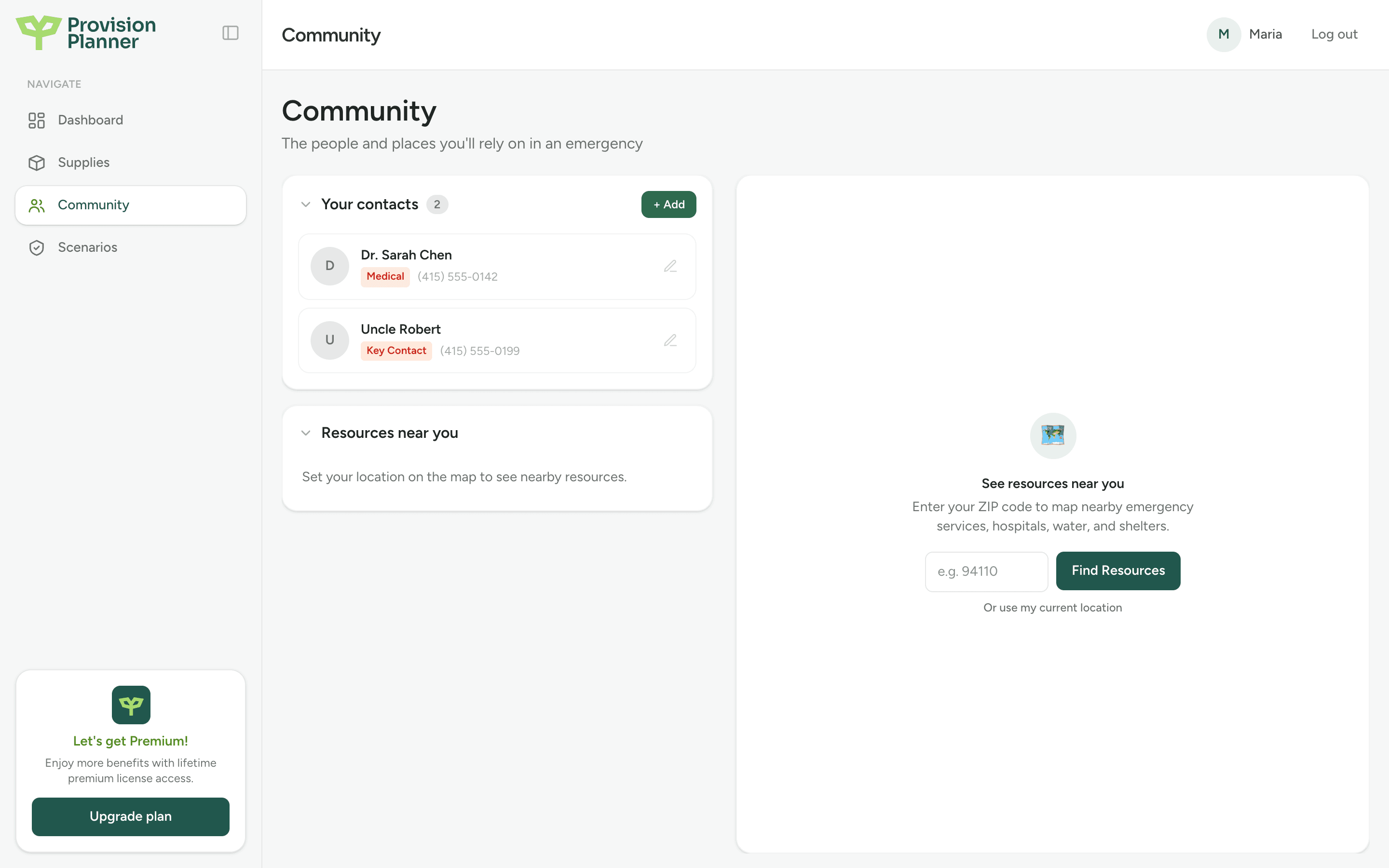 The Community page with saved contacts and a Resources near you panel with ZIP code search
