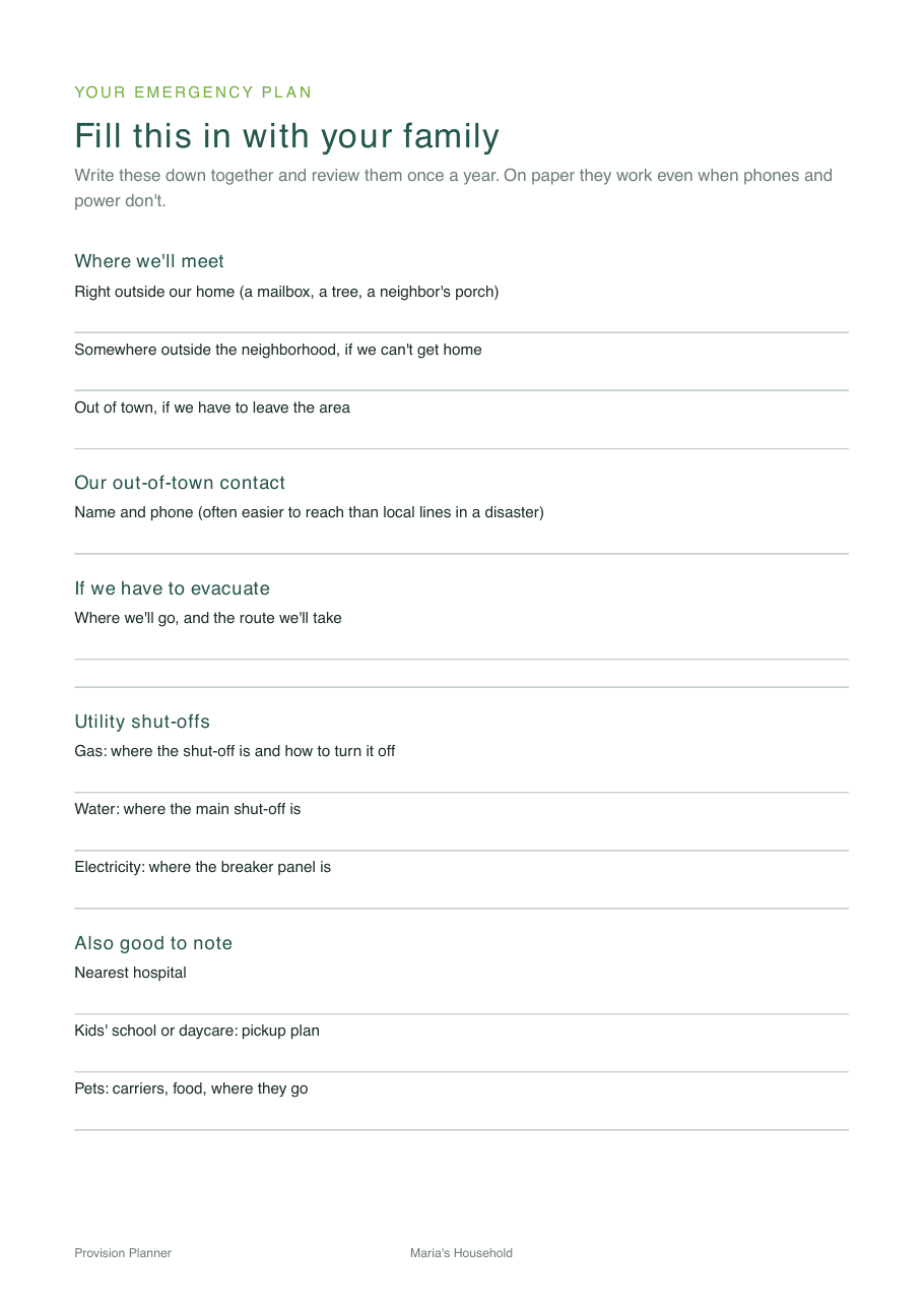 A fill-in page with ruled lines for meeting places, out-of-town contact, evacuation, and utility shut-offs