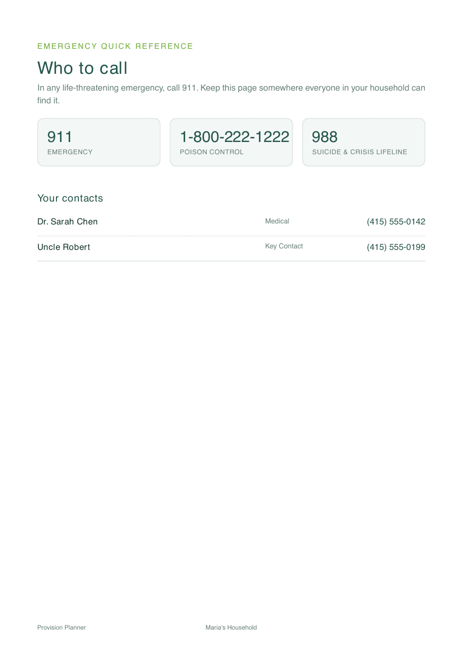 The Who to call page with 911, Poison Control, and 988 cards plus personal contacts