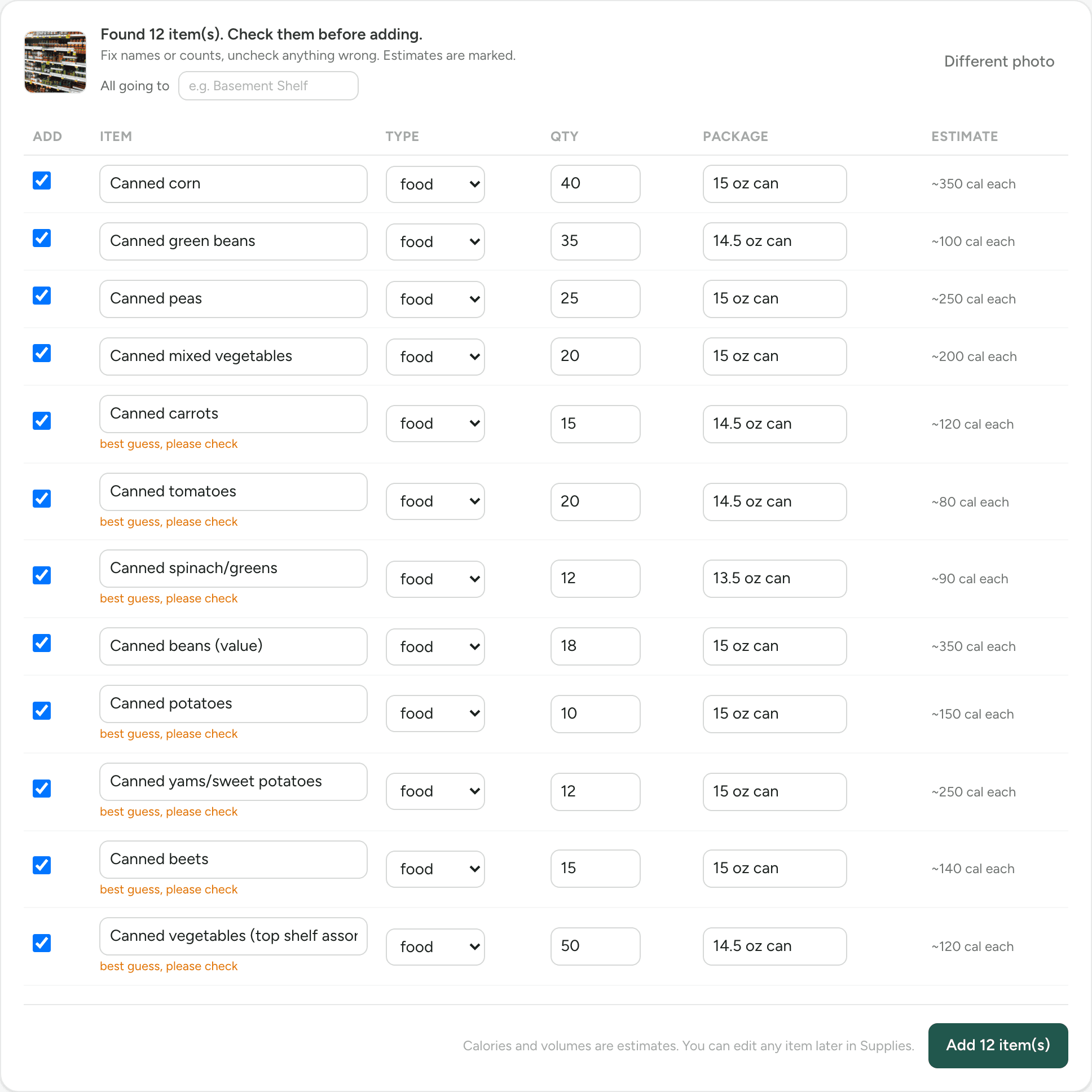 A review table listing twelve identified canned goods with editable names, quantities, package sizes, and calorie estimates