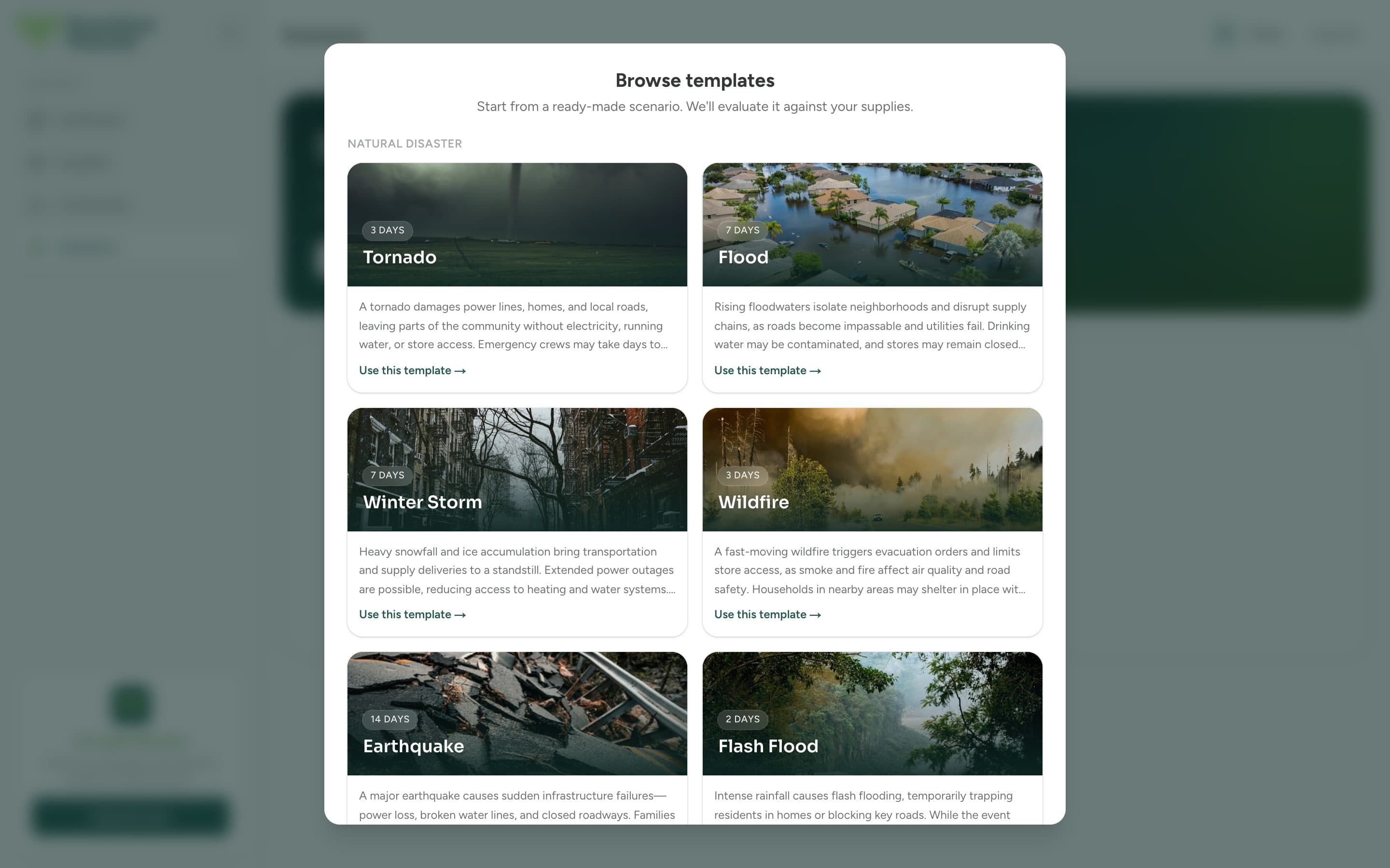 The scenario template gallery with tornado, flood, winter storm, wildfire, earthquake and flash flood templates