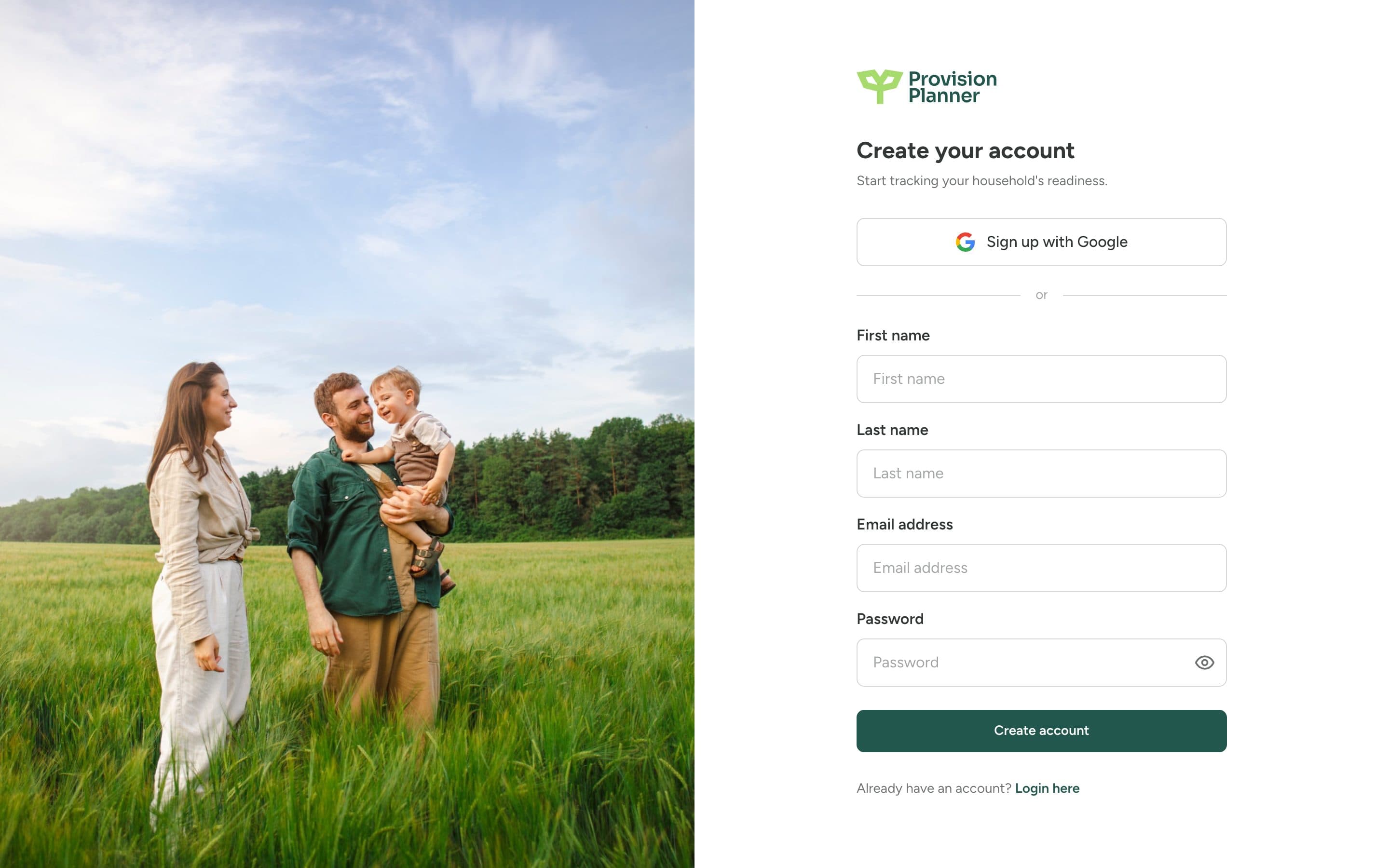 The Provision Planner signup page with Google sign-up and email fields