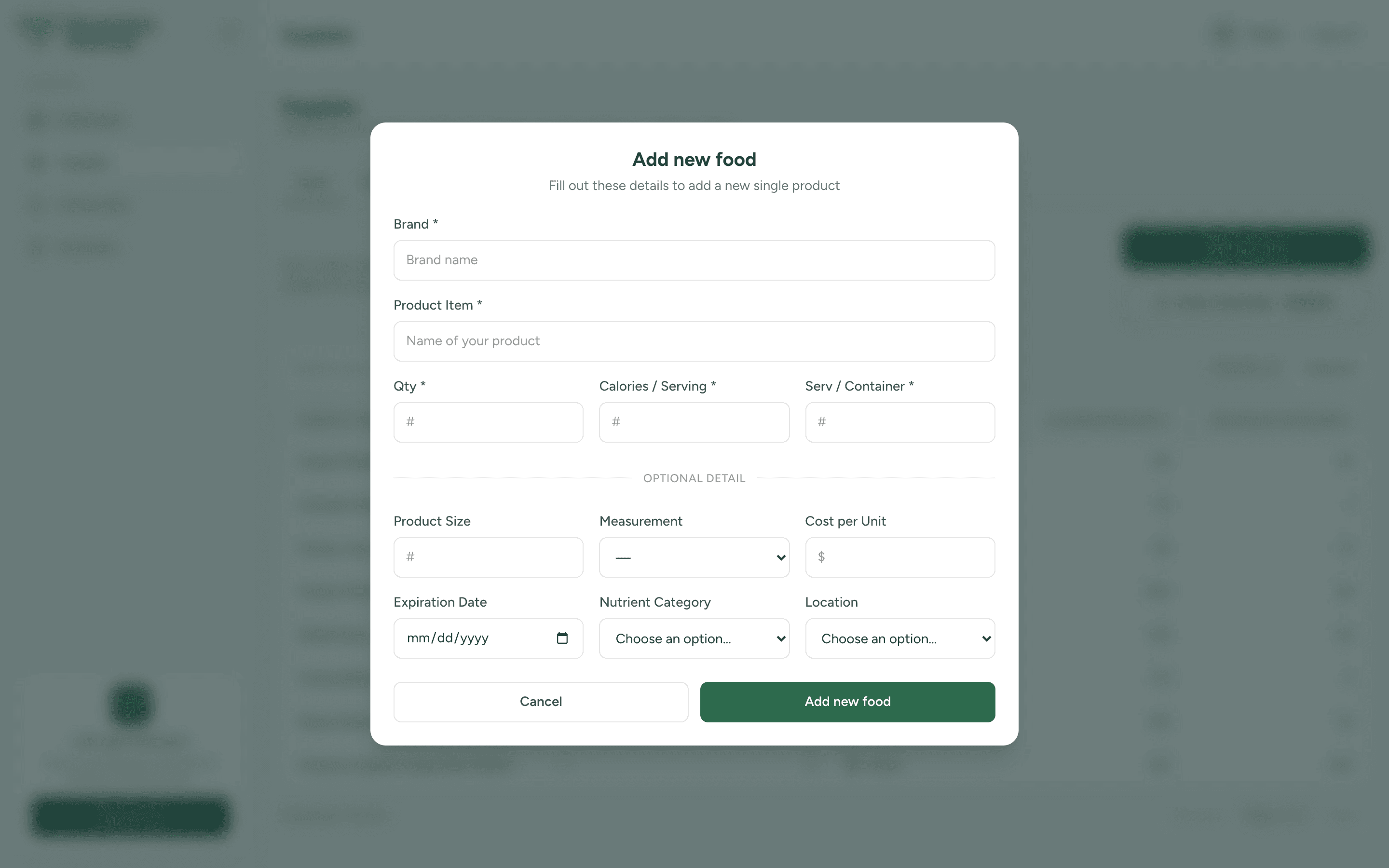 The Add new food form with brand, product, quantity, and nutrition fields
