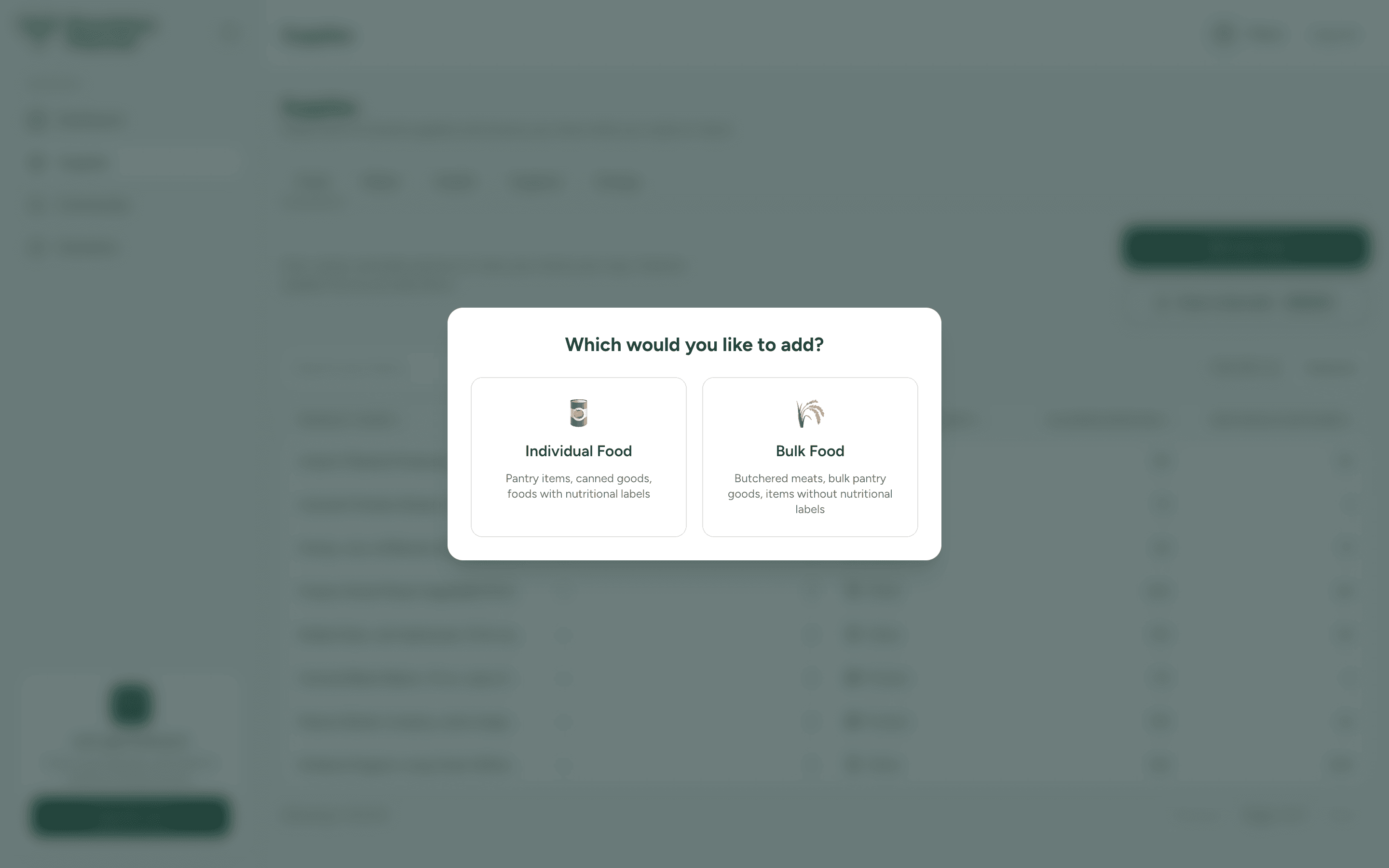 Dialog asking whether to add Individual Food or Bulk Food