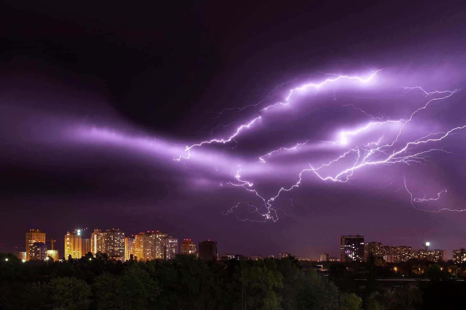 A web of purple lightning spreading across the night sky over a lit city skyline