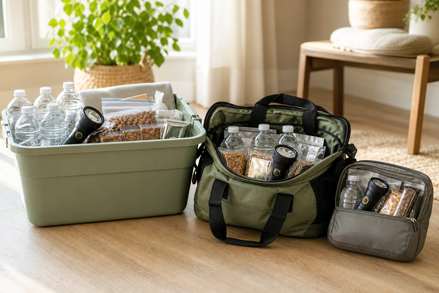 Three emergency kits laid out side by side in daylight: a large tote for home, a duffel for the car, and a compact desk pouch for work, each with water, food, and a flashlight visible