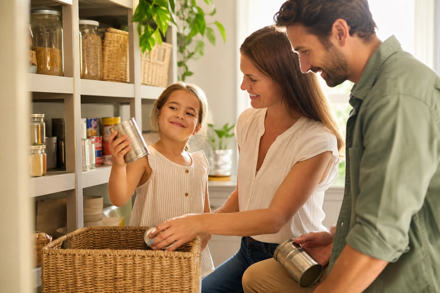 Two parents and a young child placing canned goods into a woven basket in front of tidy pantry shelves in warm afternoon light