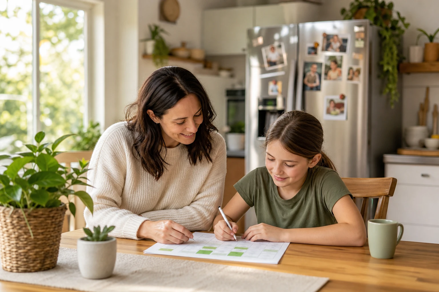 A parent and child at a bright kitchen table filling out a family plan sheet together, family photos on the refrigerator behind them