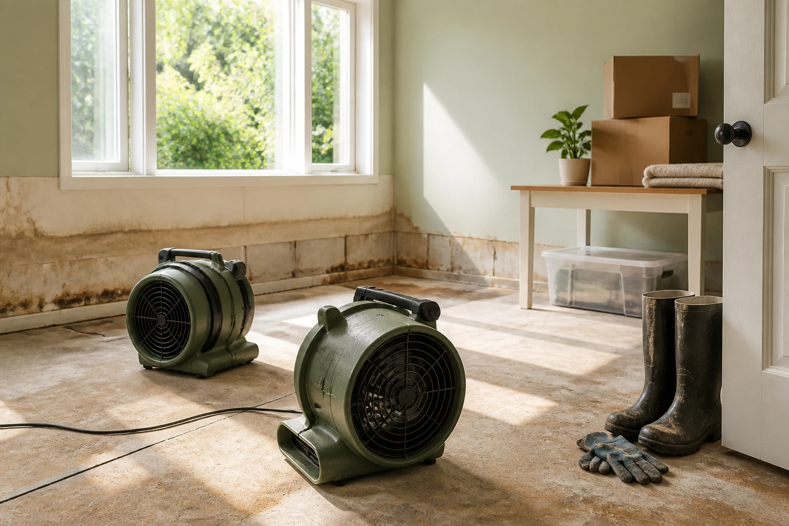 A room drying out after a flood: a brown waterline stain across the wall, two air movers running on a bare concrete subfloor with the carpet removed, muddy boots and work gloves by the door, and salvaged boxes stacked on a table