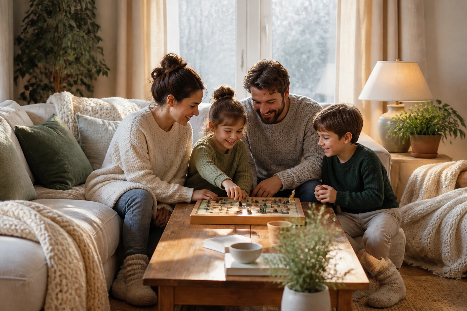 A family in sweaters and wool socks playing a board game together under blankets on a couch, lamplight warm, frost on the window behind them