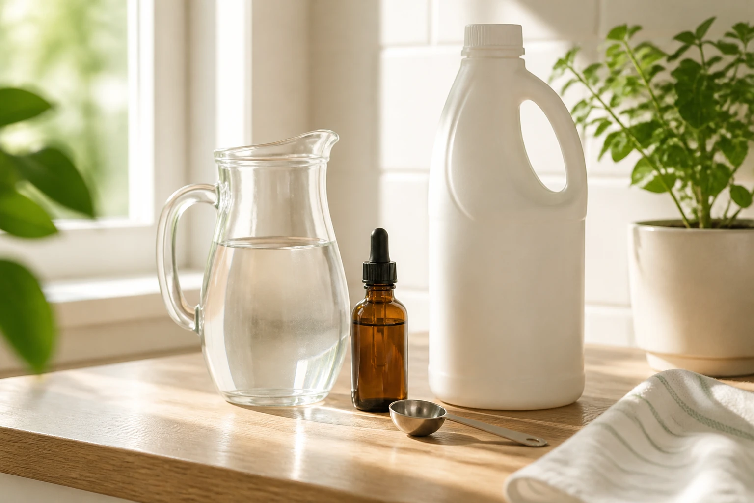 A clear glass pitcher of water on a bright kitchen counter beside a plain white bleach bottle, a medicine dropper, and a measuring teaspoon in morning light