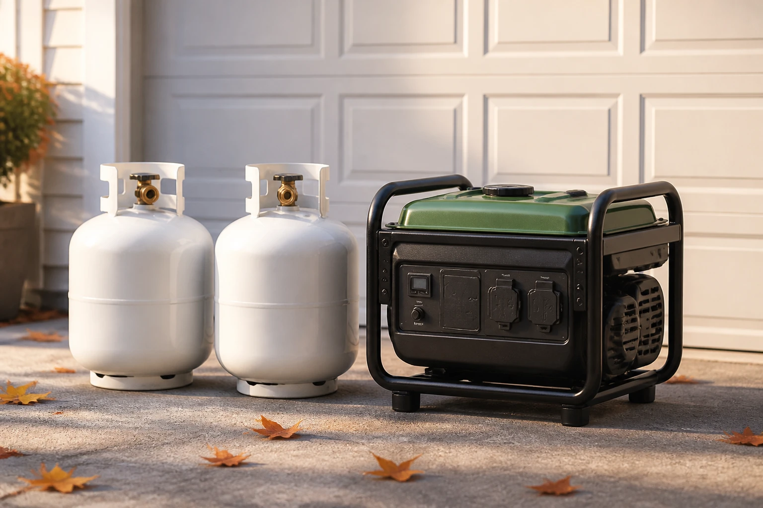 Two white propane grill tanks beside a compact portable generator on a tidy driveway in crisp autumn morning light, scattered orange leaves