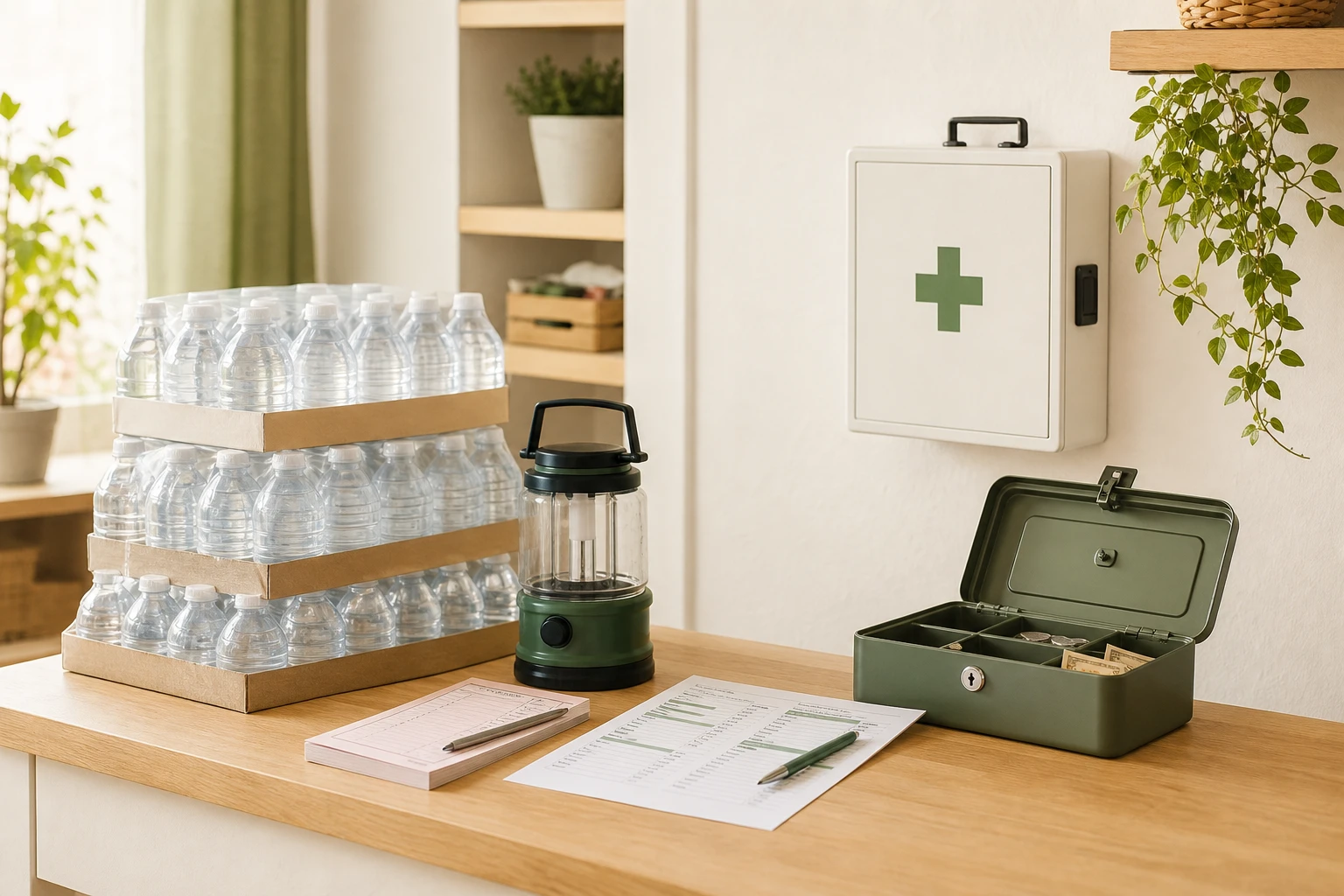 A small shop counter prepared before a storm with cases of bottled water, a first aid kit, a cash box, a battery lantern and a printed staff contact sheet in warm daylight