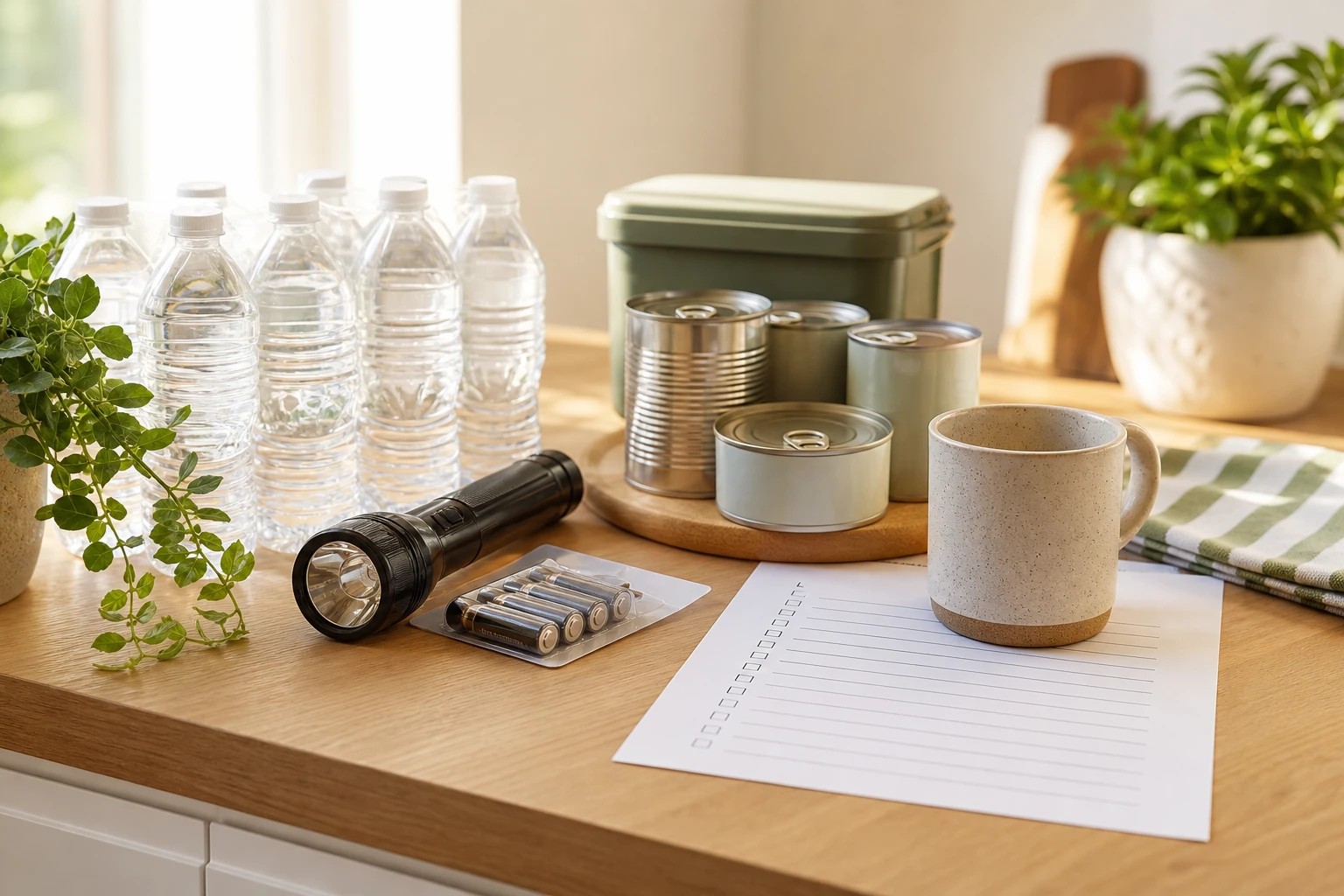 A kitchen counter staged with hurricane supplies: cases of bottled water, canned goods with pull tabs, a flashlight, batteries, and a printed checklist in bright daylight