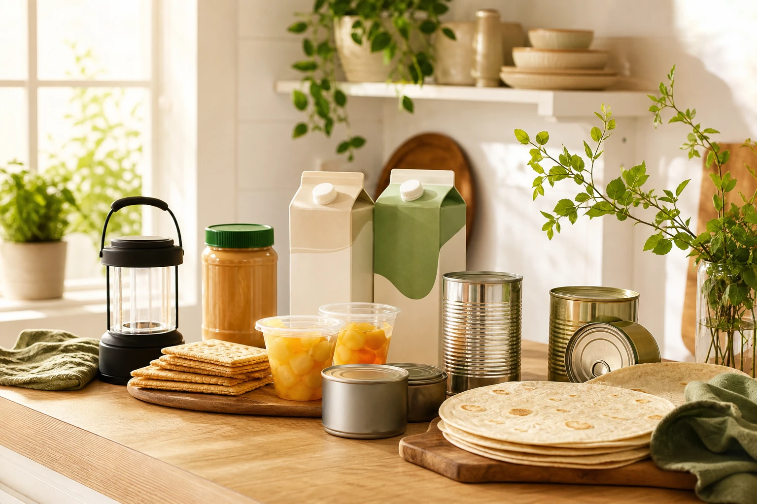 A wooden kitchen counter laid out picnic-style with canned goods, crackers, peanut butter, fruit cups, shelf-stable milk, and a camping lantern