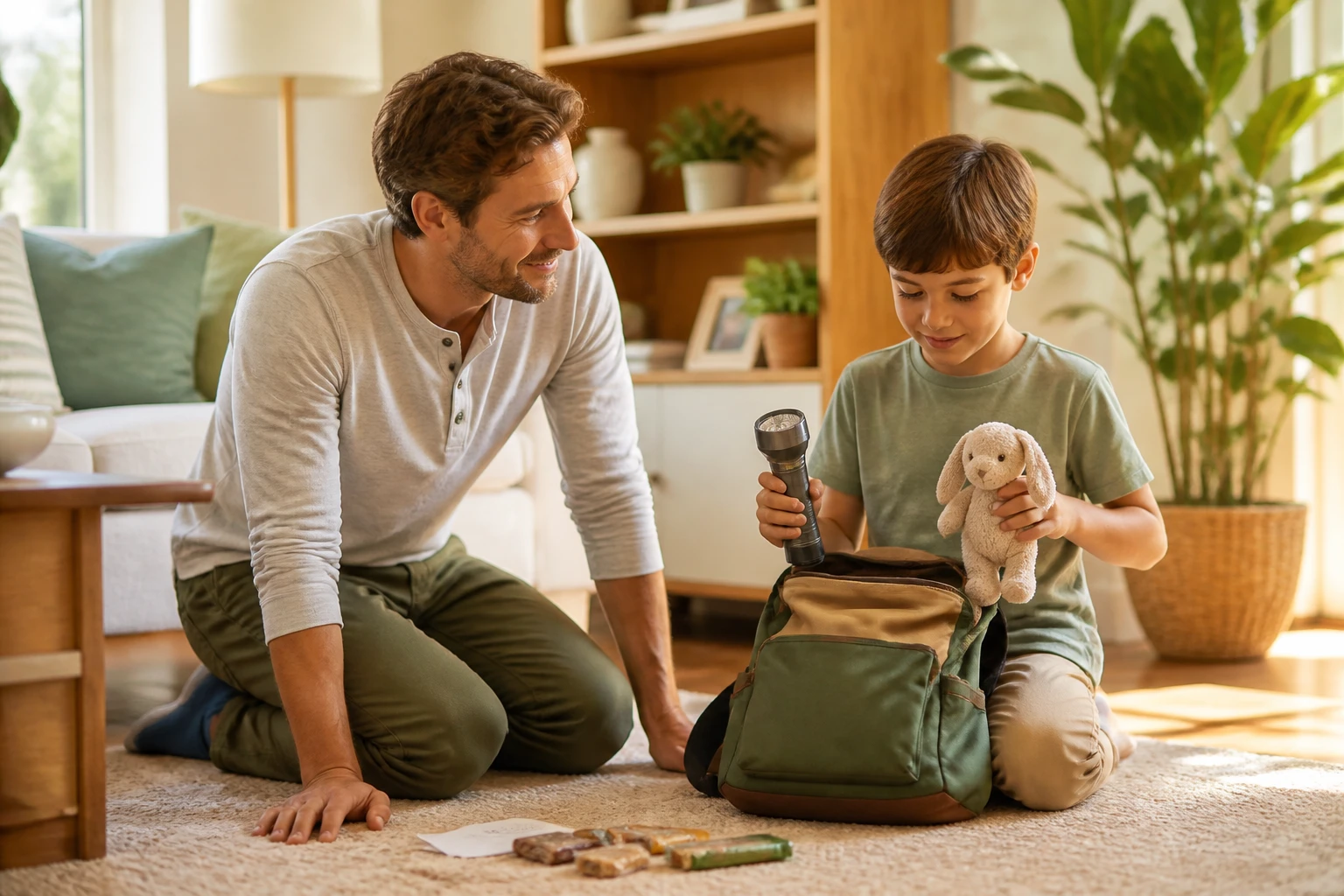 A father kneeling on a living room rug beside his young son, who is packing his own green backpack and holding a torch in one hand and a stuffed rabbit in the other, with snack bars and a contact card laid out on the rug between them
