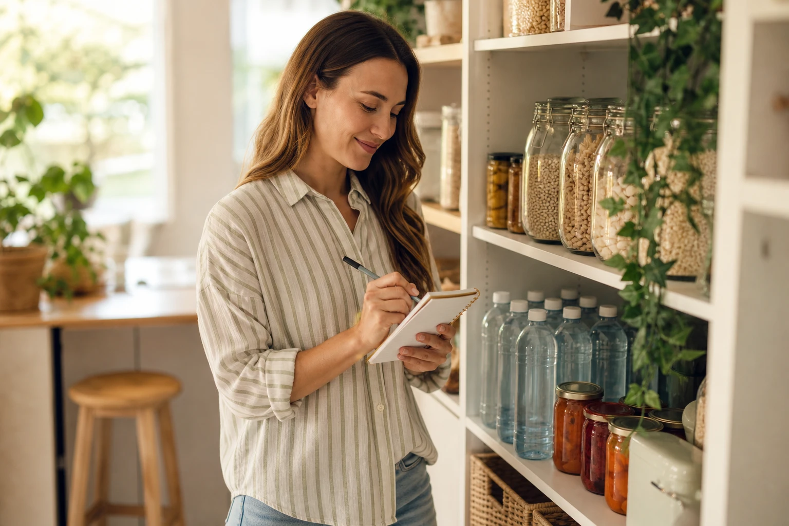 A person checking items off a small notebook list beside a compact shelf neatly stocked with jars, cans, and a row of water bottles