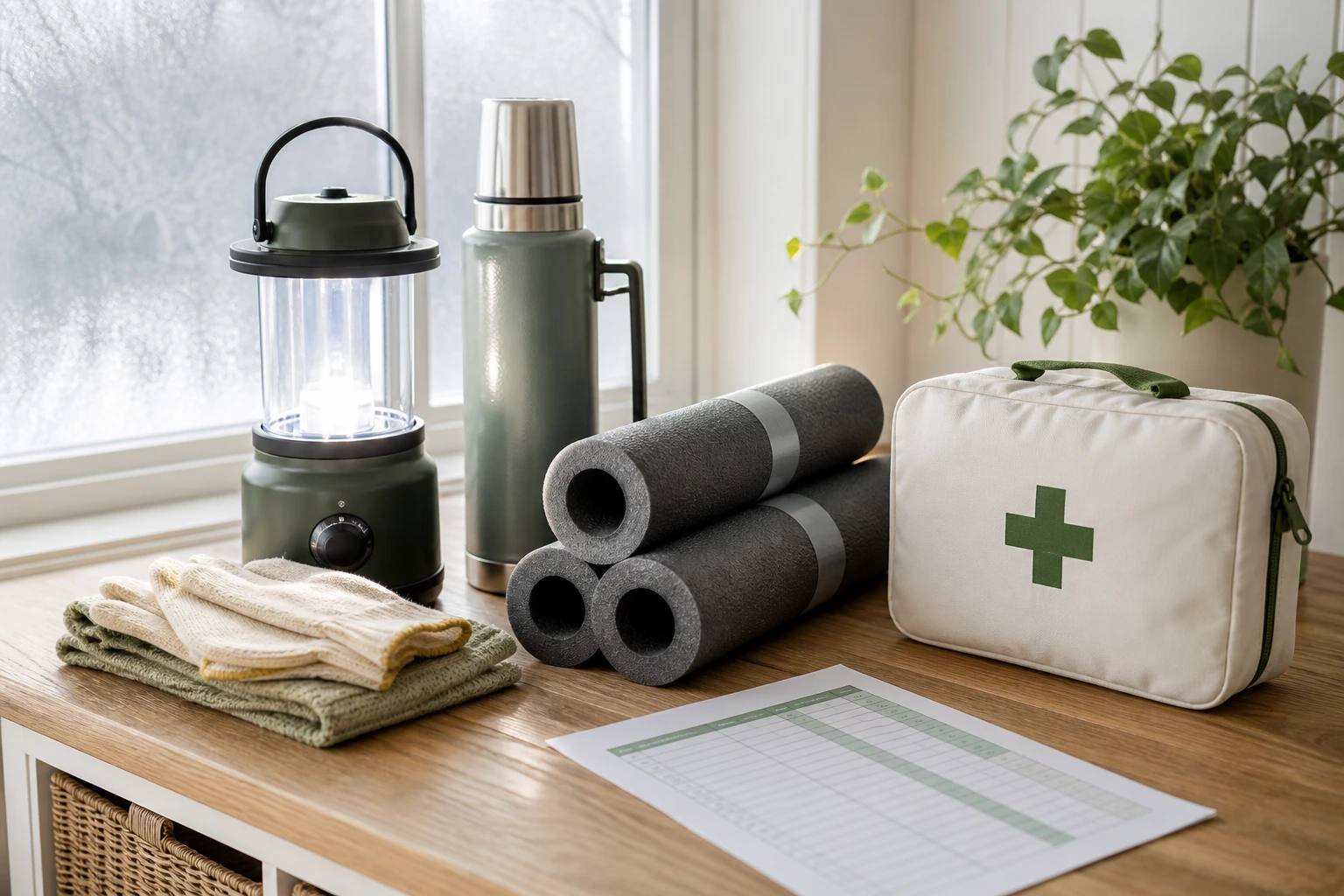 Winter outage supplies on a wooden counter by a frosted window: a lit battery lantern, a thermos, foam pipe insulation sleeves, a first aid kit, folded gloves and a blanket, and a printed contact sheet