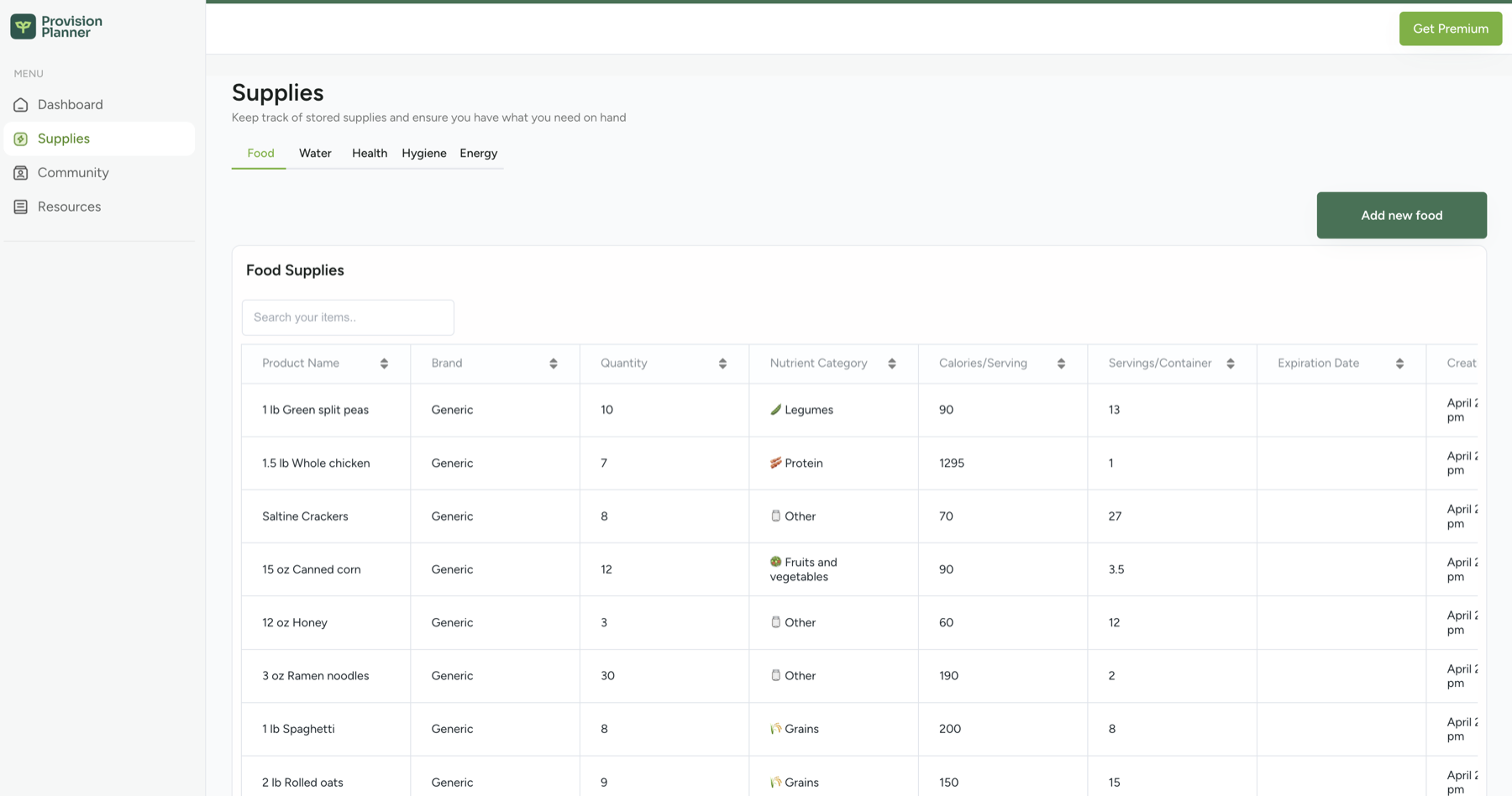 The Supplies screen in Provision Planner: food inventory with quantities, nutrients, and expiry dates